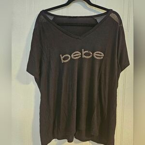 BEBE Sport WOMENS Large RHINESTONE rose gold logo BLACK top Mesh Short Sleeve